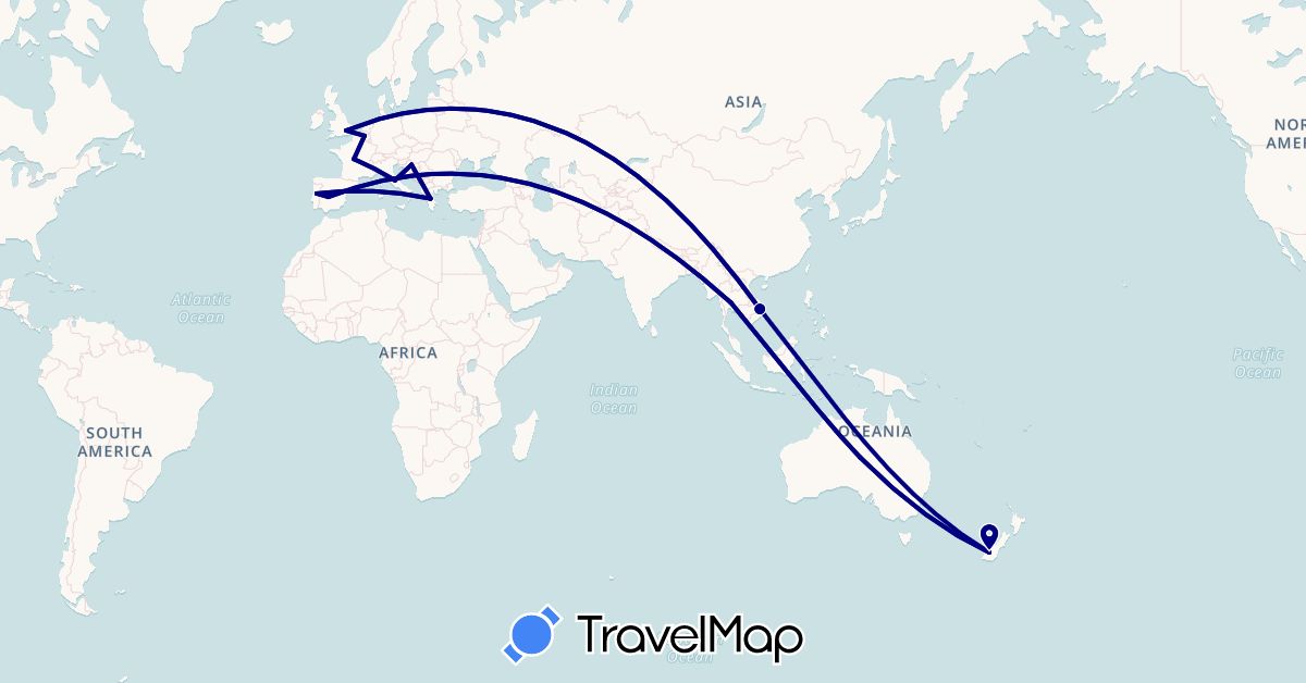 TravelMap itinerary: driving in Australia, Belgium, Spain, France, United Kingdom, Greece, Croatia, Italy, New Zealand, Portugal, Thailand, Vietnam (Asia, Europe, Oceania)
